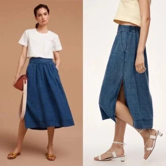 Aritzia Wilfred Gabrielle Chambray Denim Lyocell Linen Midi Skirt Side Slits XXS - Picture 2 of 12